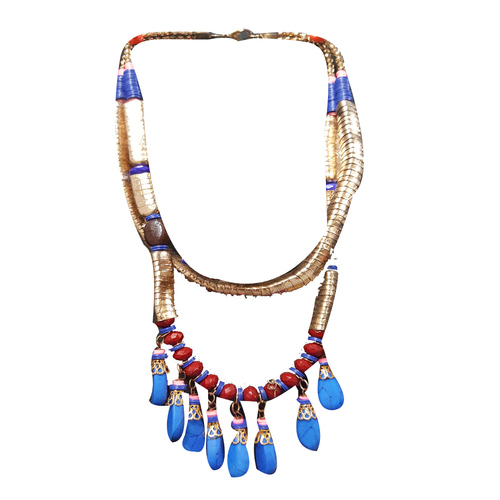 Blue Stone Beads With Gold Metal Chain Necklace
