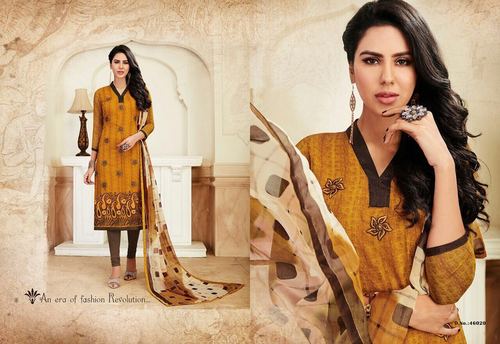Embroidered Salwar Suit - Georgette Top Crepe Bottom Mustard Color | Eye Catching Pattern Elegant Design Tear Resistant Short Sleeves All Season