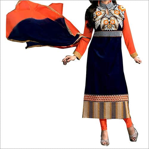 Ethnic Designer Suits - Rayon and Cotton Polyester Blend , Dazzling Blue and Orange Color with Full Sleeves and Elegant Embroidery