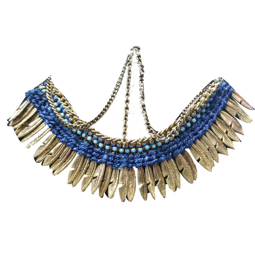 Blue Glass Beaded With Gold Metal Beads Necklace