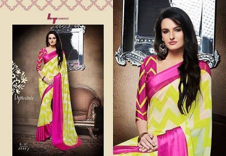 Saree - Georgette Satin Fabric , Handwoven Patch Work With Sequins Closure, Colorful Pink And Yellow Printed Design For All Seasons