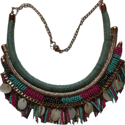 Green Glass Beaded With Metal Coins Necklce