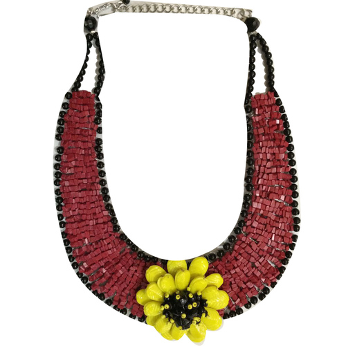 Red Stone Beaded Handmade Flower Necklace