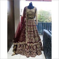 Fish Cut Lehenga - Velvet Fabric, Customizable Size, Burgundy Color | Heavy Handcrafted Embroidery, Ideal For Weddings