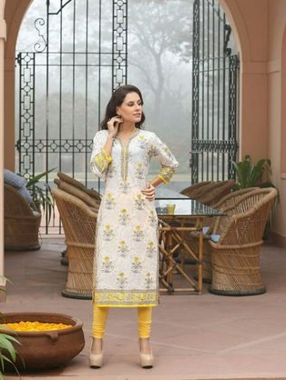 Cotton Printed Ethnic Wear - Customized Sizes, Yellow and White Color | Cool Pass, Dry Cleaning, No Fade, Washable, All Season Comfort