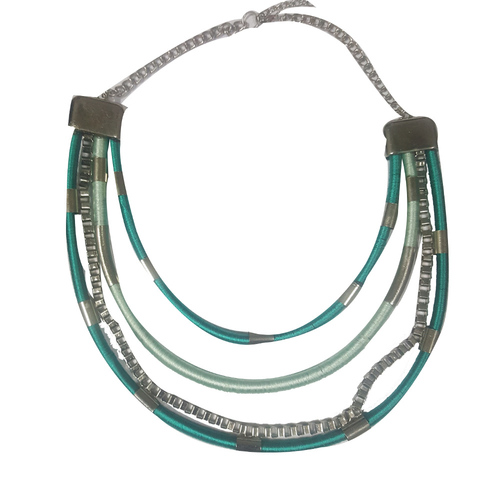 Green Thread Beaded Necklace With Metal Beads Necklace