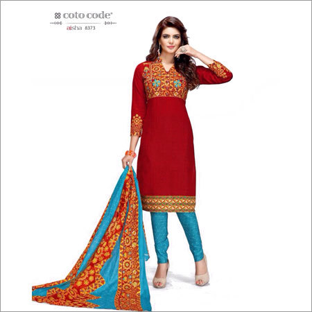 Red Cotton Dress Materials - Customized Size, Red and Blue Patterns | Anti-Wrinkle, Non-Toxic, Washable, Waterproof, Embroidered Design