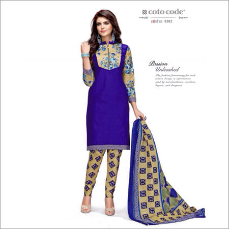 Cotton Collection Dress Materials - Customized Size, Blue and Cream Printed Design | Anti-Wrinkle, Waterproof, Non-Toxic, Washable, Dry Clean Only