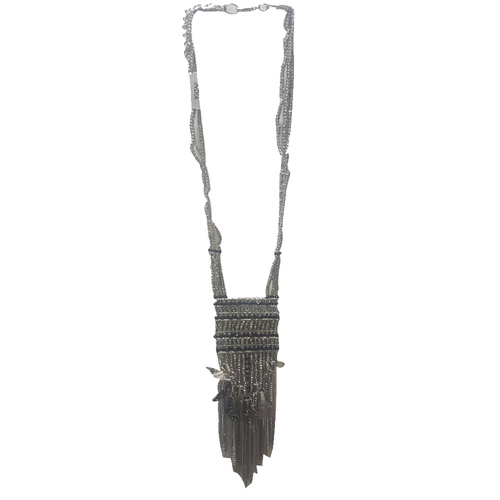 Black Glass Beads and Metal Chain Tussle Necklace