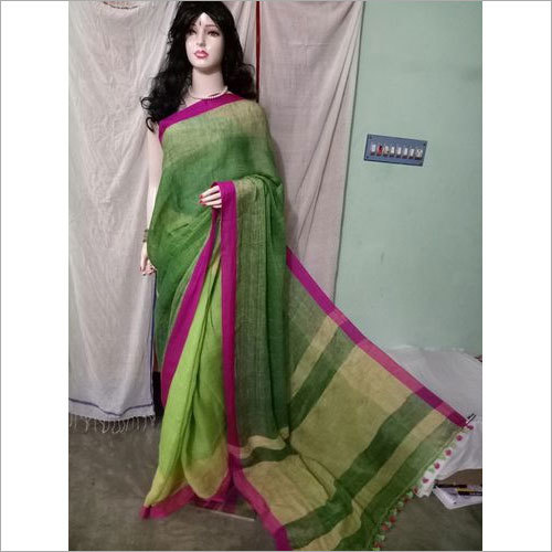 Green Pure Linen Designer Saree