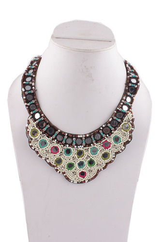 White Glass Seeds Beads Work Choker Necklace