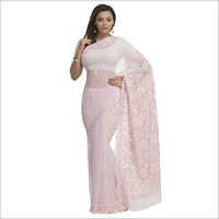 Pink Faux Georgette Saree - Cotton Material, Lightweight Design, Elegant Pink Color | Easy To Drape, Washable, Perfect For Parties And Special Occasions