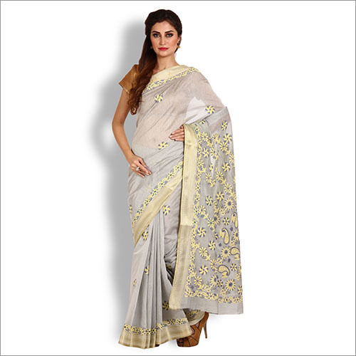 Slate Grey Kota Cotton Chikankari Saree