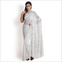 White Chikankari Mukaish Work Georgette Saree