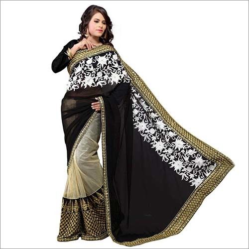 Black Faux Georgette Saree