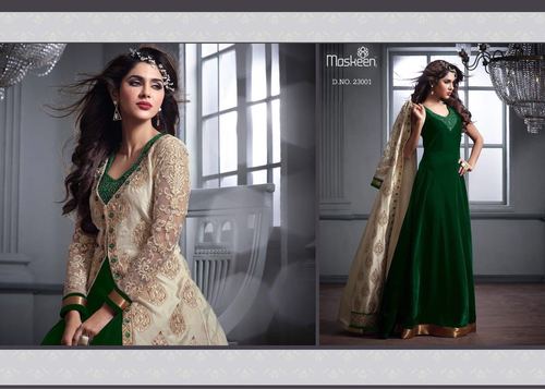 Ladies Indian Suits - Rayon Material, Full Sleeve, Cream and Green, | Intricate Zari Embroidery, Colorfast and Lightweight Design