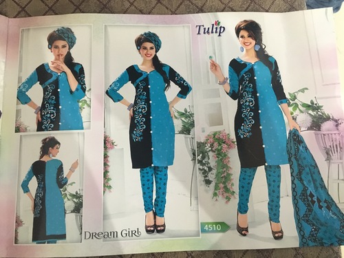 Blue And Black Printed Unstitched Cotton Dress Material