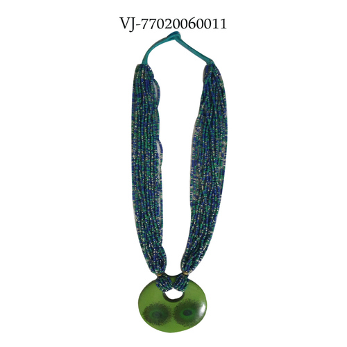 Green Glass Seed Beaded and Pendant Necklace