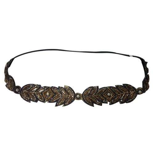 Gold Glass Beaded Hand Embroider Head Band - Fabric Beads, One Size, Gold | Handcrafted, Elastic Fit, Leaf Pattern