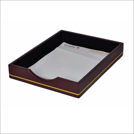 Leather Letter Tray - Burgundy Leather A4 Paper Size , Gold Tooled Line Detail, 1 Year Warranty, 1 Kg Weight