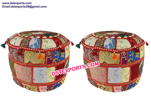 Rajasthani Lady Sangeet Mooda - Fabric Cotton Filled, 16x16 Inches, Red Patchwork, Round, Handmade, Durable, Stylish