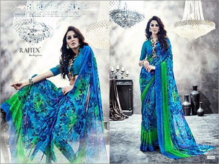 Silk Crepe Saree - Weightless 3D Satin Patta, Blue Printed Design with CxN Jequard Blouse Piece