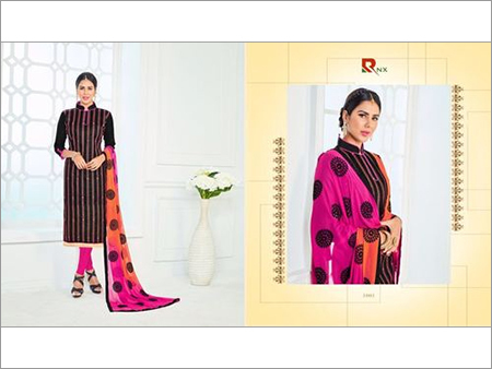 Pink & Black Cotton Printed Dress Material