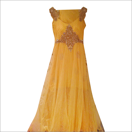 Partywear Anarkali Suit - Net Fabric, Floor-Length, Yellow | Embroidery, Elegant Design, Perfect Fit, Wedding Wear