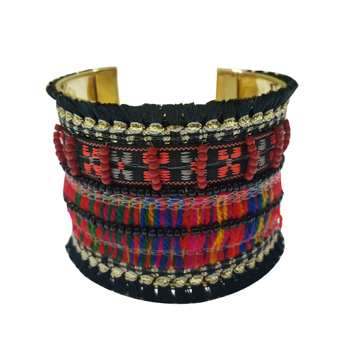 Red Glass Beads and Black Tussle Bracelet