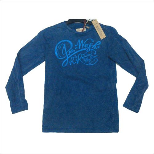 Boys Round Neck T-Shirt with Chest Print - Cotton, Sizes 6-14, Blue | Soft Fabric, Embroidered Print, Long Sleeve, Comfortable Fit