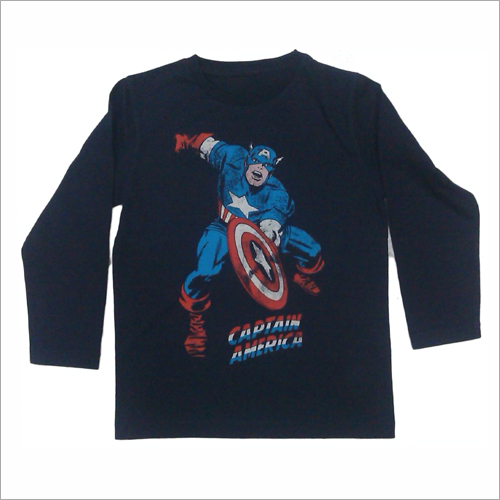 Boys Round Neck T-Shirt with Chest Print - Cotton, Size 6-14, Dark Blue | Soft, Durable, Comfortable, Long Sleeves