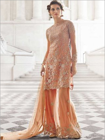 Pakistani Suit - Net Fabric, 54 Inches, Peach | Floral Embroidery, Elegant Design, Comfortable Fit, Stylish Palazzo Style