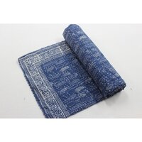 Indigo Blue Kantha Bed Cover - 100% Cotton Queen Size | Multi-patterned, Hand Block Printed, Washable, Lightweight 1kg