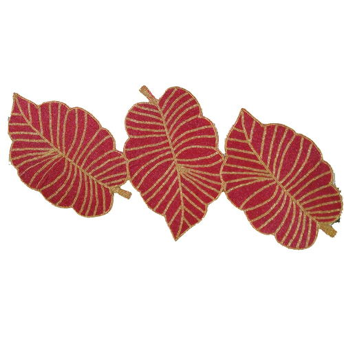Red Glass Beaded Embroidery Leaves Table Runner