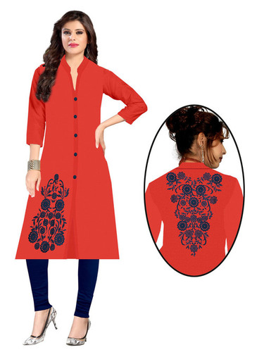 Rayon Kurti - Casual & Party Wear, Size {L, XXL} | Exotic Pink with Blue Floral Embroidery, Long Sleeves, Round Collar, Washable