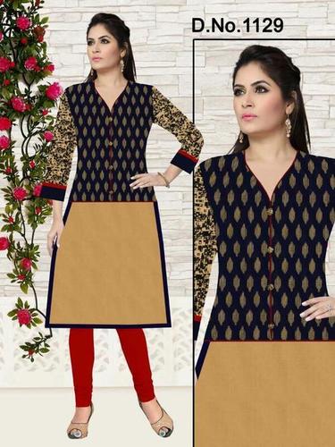 Cotton Slub Kurti - L, XL, XXL | Multi Color Printed, V Neck, Long Sleeves, Brown Button Motifs, Ideal for Office, Festive Occasions
