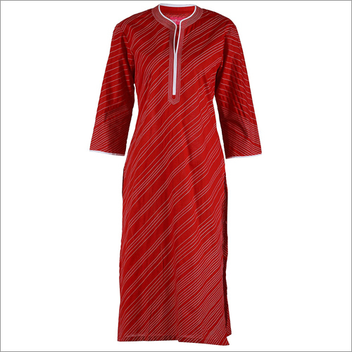 Red Cotton Kurta With Diagonal Stitching Lines