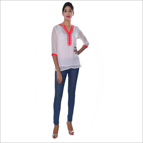 Red On White Georgette Short Top With Chikan Work