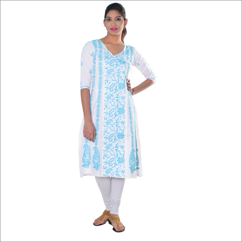Sky Blue Cotton Angrakha With Chikan Work