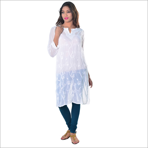 White Georgette Chikan Kurta