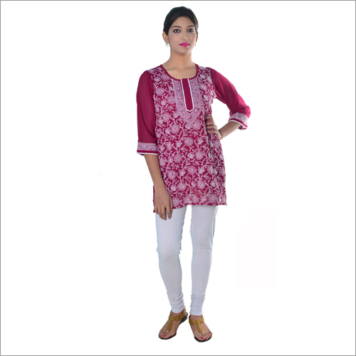 Wine Coloured Short Georgette Kurti With Chikan Work