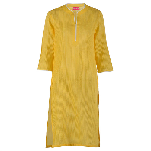 Yellow Straight Pin-tucks Cotton Kurta