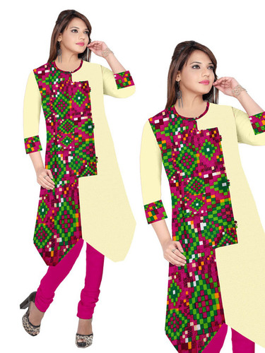 Printed Kurti - Cotton, Size L/XXL | Cream Color with Multicolor Checks Print, Full Sleeves, Round Neck, Daily Wear and Formal Style