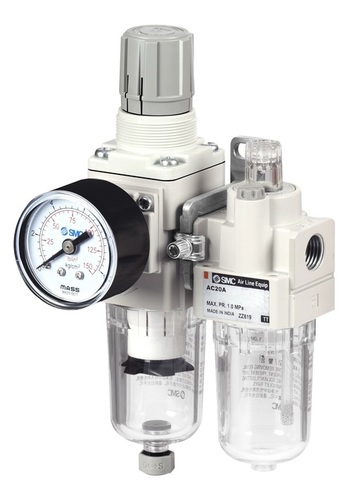 FRL Unit - 1/4 Inch Rc Thread, 5 Micron, 1 Mpa | Air Filter Regulator Lubricator, Transparent Bowl Guard, Round Pressure Gauge