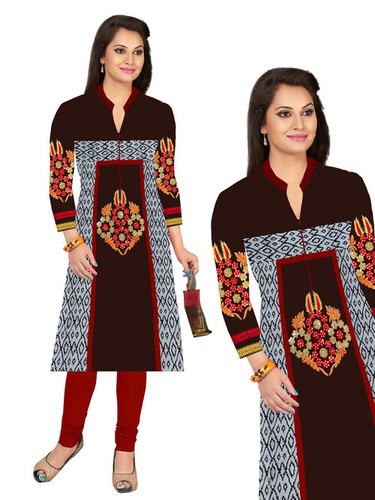 Rayon Kurti - XL, XXL | Rich Red with Multicolor Embroidery, Elegant Full Sleeves, V-Shaped Green Collar, Casual & Party Wear