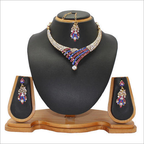 Stylish American Diamond Jewellery Set - Alloy Metal, Necklace 4"x4", Blue & Purple, Austrian Diamonds, Elegant Design