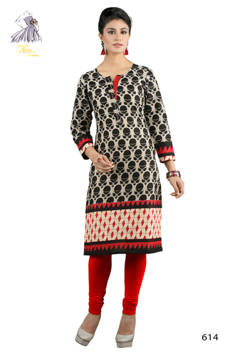Printed Cotton Kurti - Size L, XL | Black, 100% Cotton, 3-4th Sleeve, Formal Style