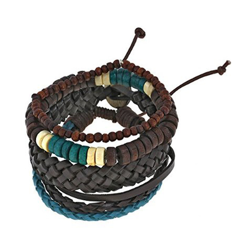Brown Color Men's Leather Bracelet - Leather, 7-8 Inches, Brown, Adjustable Knot Closure | Stylish Design, Durable, Comfortable Fit, Multi-Layered Beads