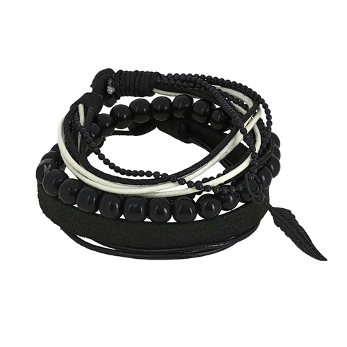 Black Leather Men's Bracelet Set - Leather, Wood, Metal, 7-8 Inch, Adjustable Closure | Stylish, Multi-Layered, Durable Design