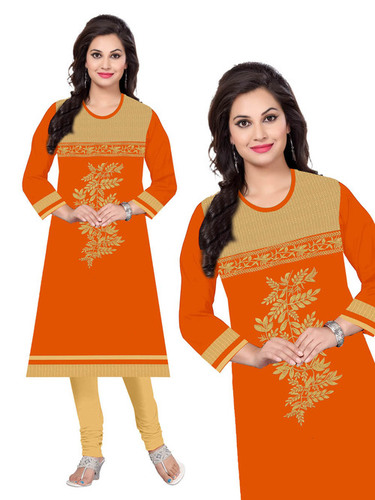 Rayon Kurti - XL, XXL | Rich Orange Color with Golden Embroidered Flower Motifs, Full Sleeves, Casual & Party Wear, Modern Style